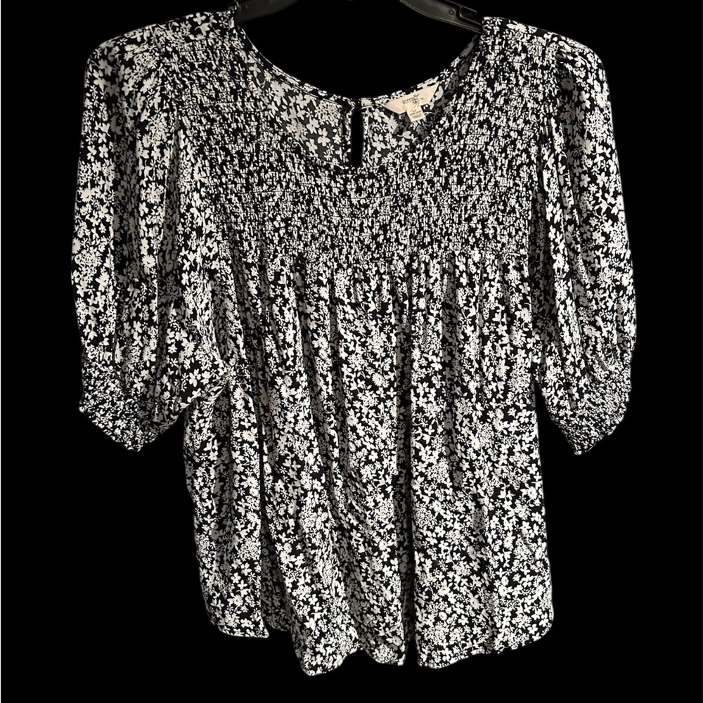 Terra & Sky Black and White Floral Smocked Peasant Blouse